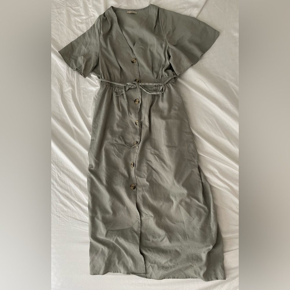 Olive Green Button Front Midi Dress Tie Waist Short Sleeve Minimalist